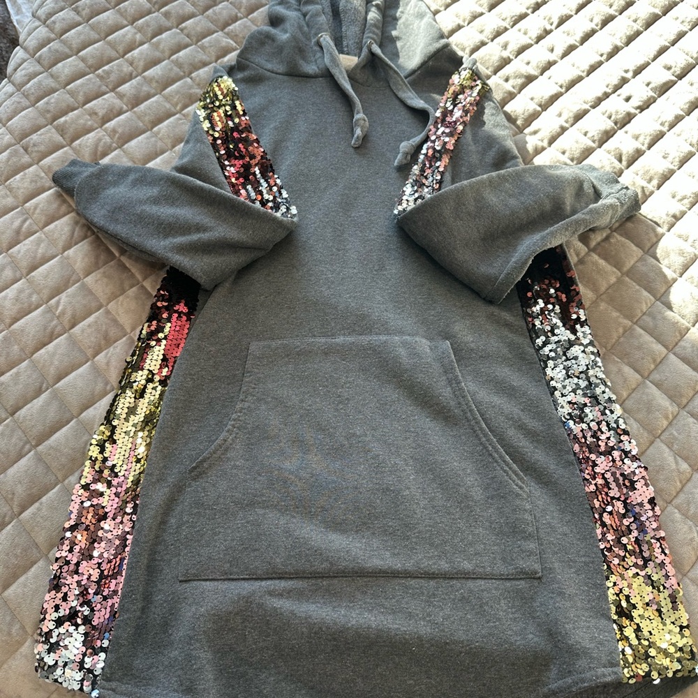 Gray Hoodie Dress with Sequin Accents